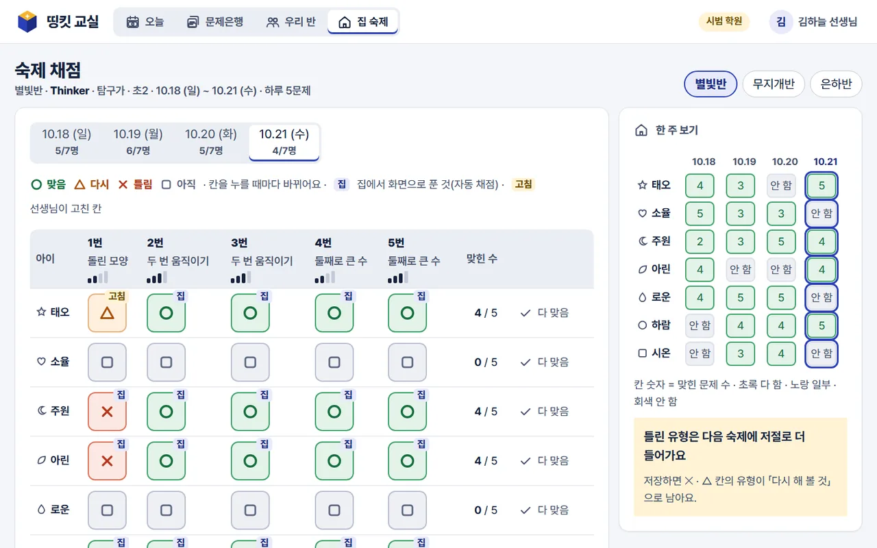 숙제 채점 화면: 아이 × 문제 칸과 한 주 보기