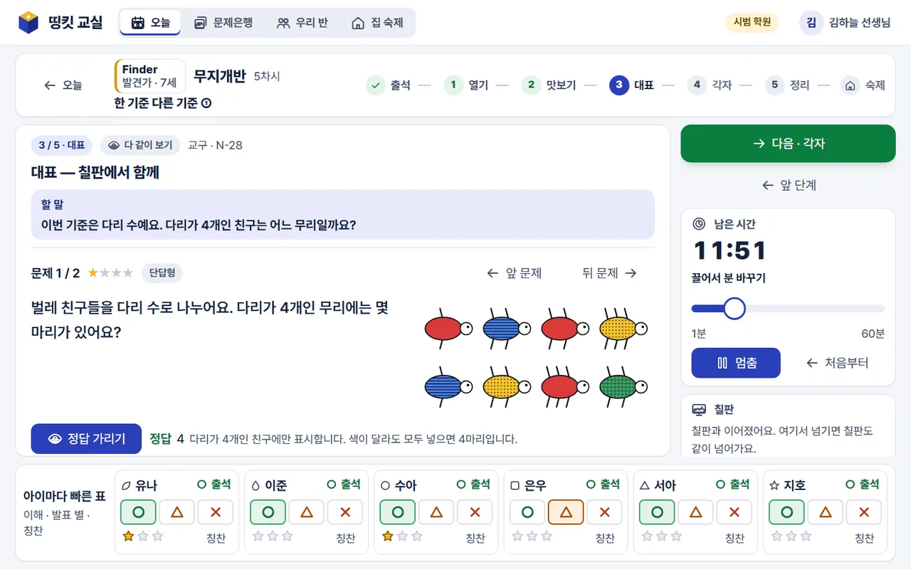 수업 화면: 단계 띠 · 할 말 · 아이마다 빠른 표